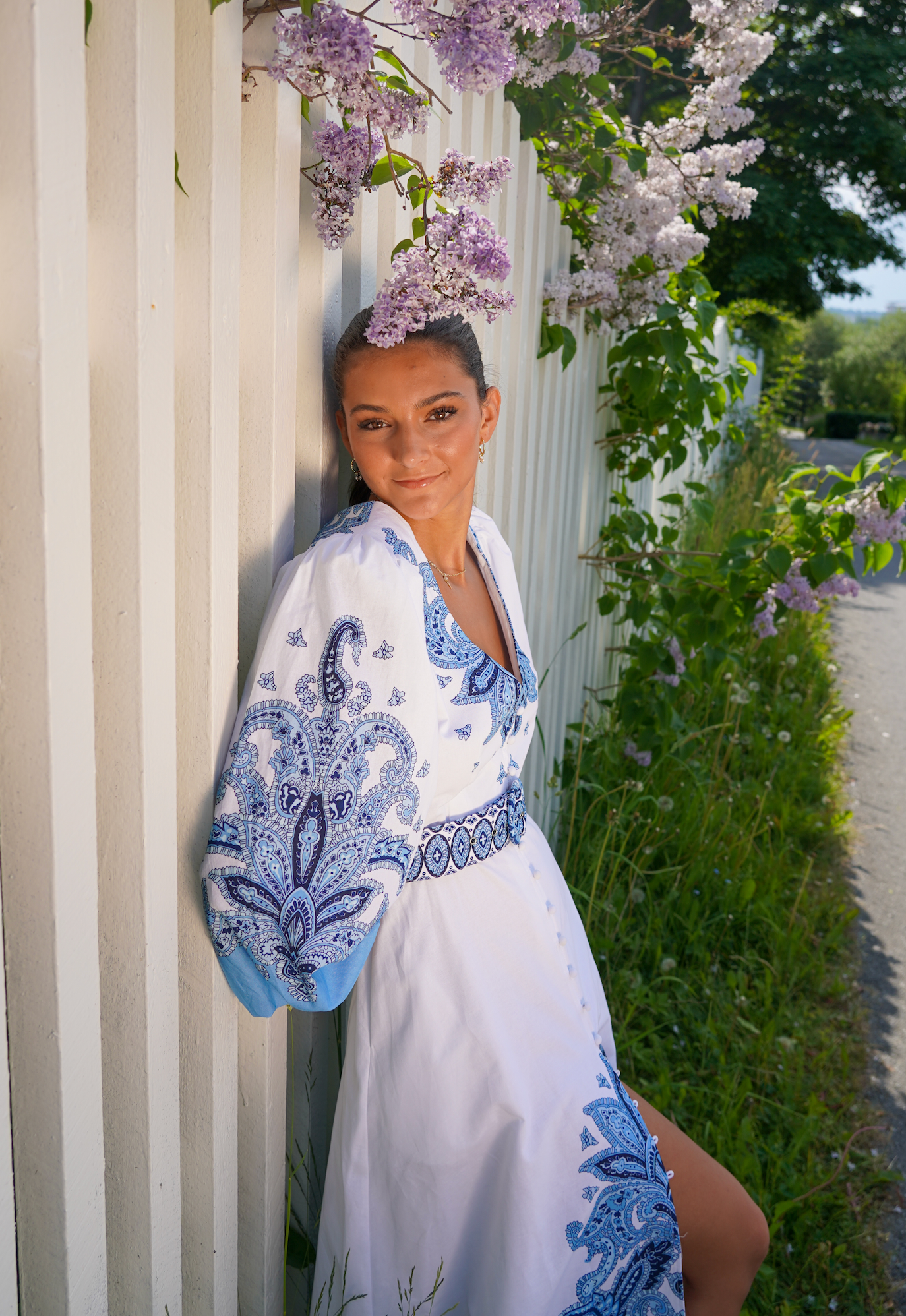 Blue and white bohemian dress best sale
