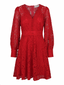 Produktbilde front i rød blondekjole med v-hals og lange ermer. Kne-lengde, selskapskjole, julebord eller hverdag.