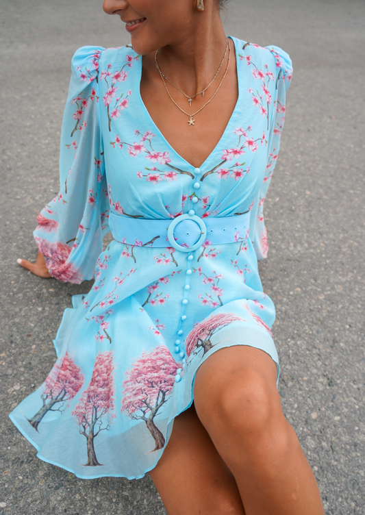 Golightly Queen kjole: short - Blue Blossom Print